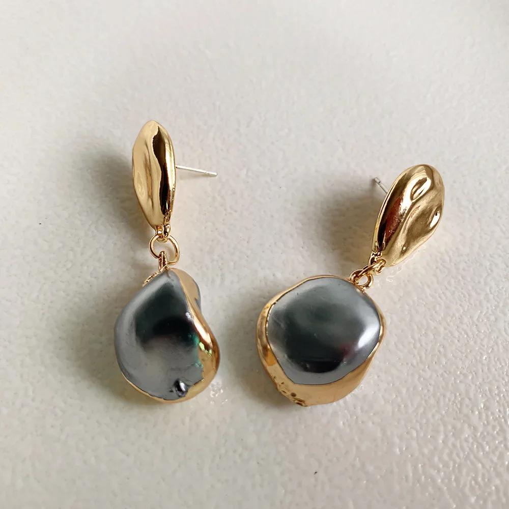 Women Gold Geometric Irregular Baroque Pearl Long Drop Dangle Earrings