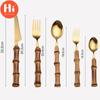 Hi Bamboo Handle Stainless Steel Cutlery Set Wooden Spoon and Fork Set Knife Minimalist Gold