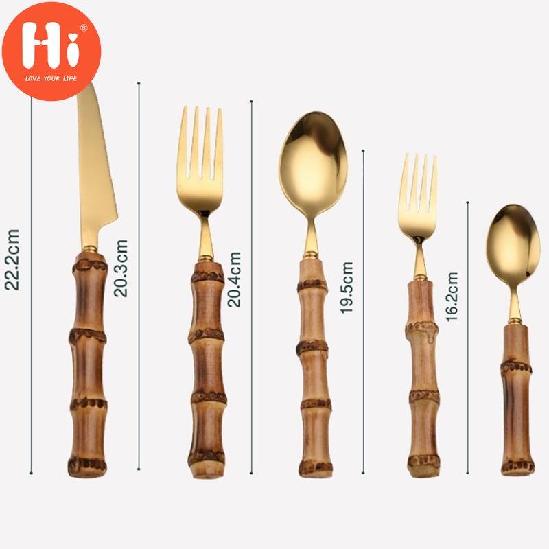 Hi Bamboo Handle Stainless Steel Cutlery Set Wooden Spoon and Fork Set Knife Minimalist Gold