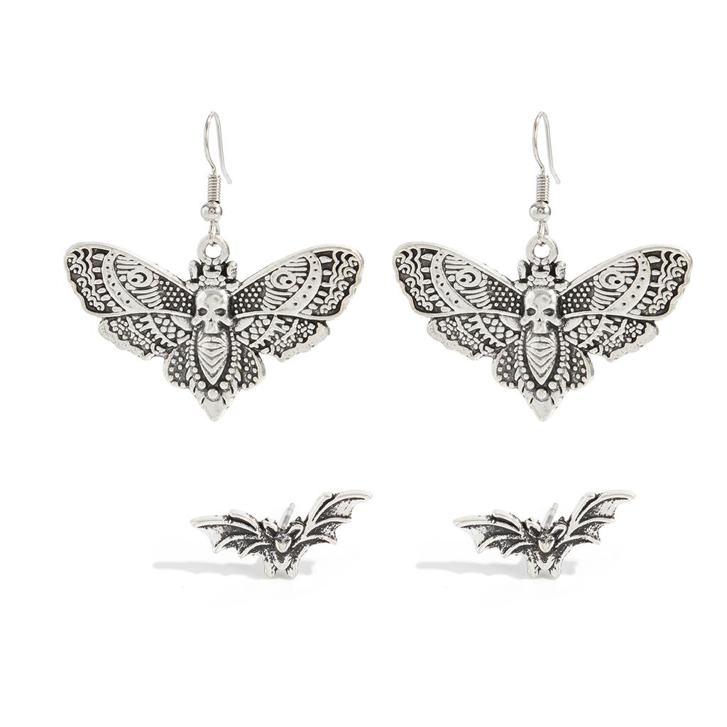 Brincos de Tarraxa Salircon Gótico Mariposa Borboleta Caveira Femininos Vintage Cor Prata Morcego Piercing Brinco Joias Presentes para Festa de Halloween
