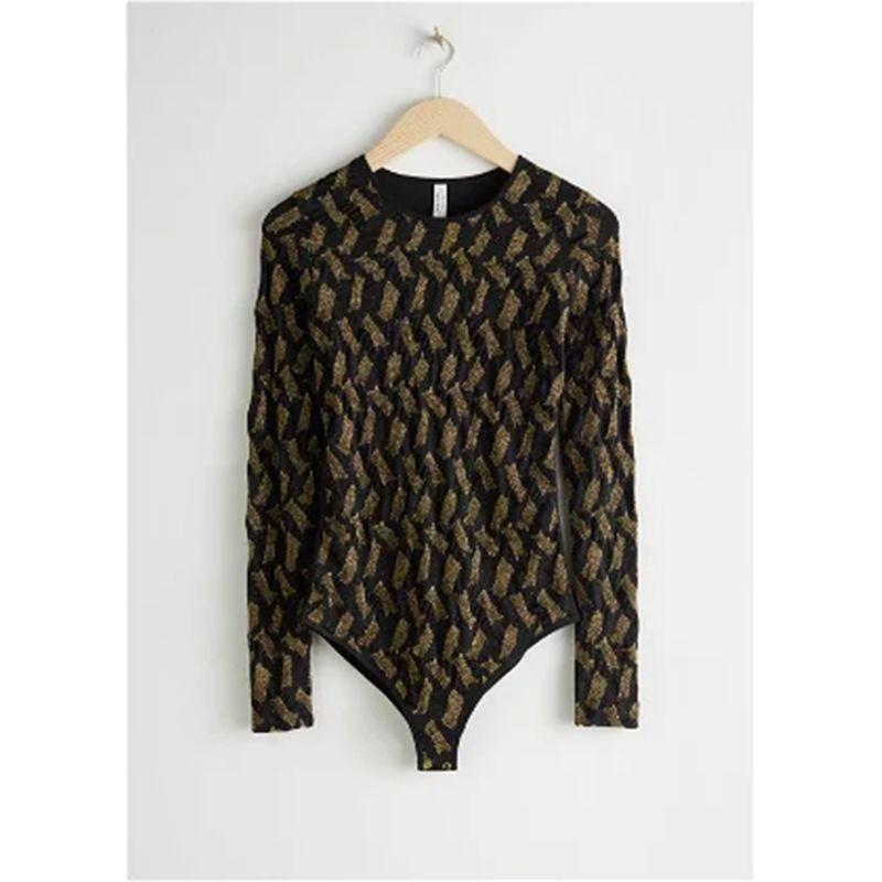 

Nordic High Street OS Long sleeve Jumpsuit Tight Slimming Bottoming Shirt Women Outer Wear Jumpsuit Temperament T-shirt Top Black gold wire (non-refundable) US:0