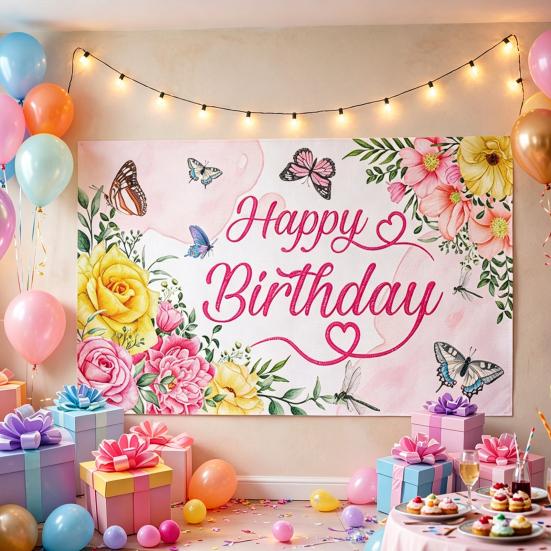 Happy Birthday Banner Hintergrund, Party Foto Hintergrundtuch für Feier, Girlande Flaggen Dekoration für Kinder Frauen, Happy Birthday Zubehör