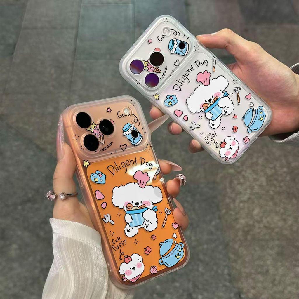 Transparent Soft Phone Case with Integrated Button for Apple 17/16/15/14, 17 Pro Max, 16 Pro - Bread Puppy Design