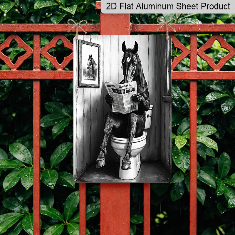 2D Vlak 8×12 Inch Grappig Paard Leest Krant op Toilet Metalen Bord - Grillige Zwart-Witte Badkamer Wanddecoratie, Aluminium Ophanging voor Toiletruimte