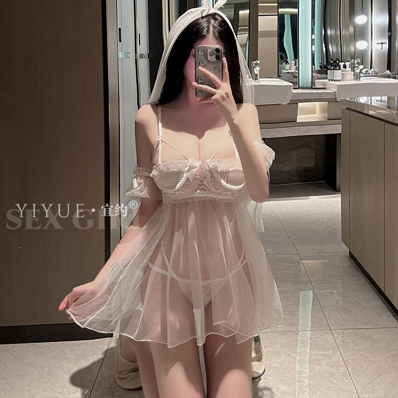 Erotic Underwear Sexy Pajamas Hot Halter Lace Seductive Wedding Dress Uniform Passionate Nightdress Set 8583