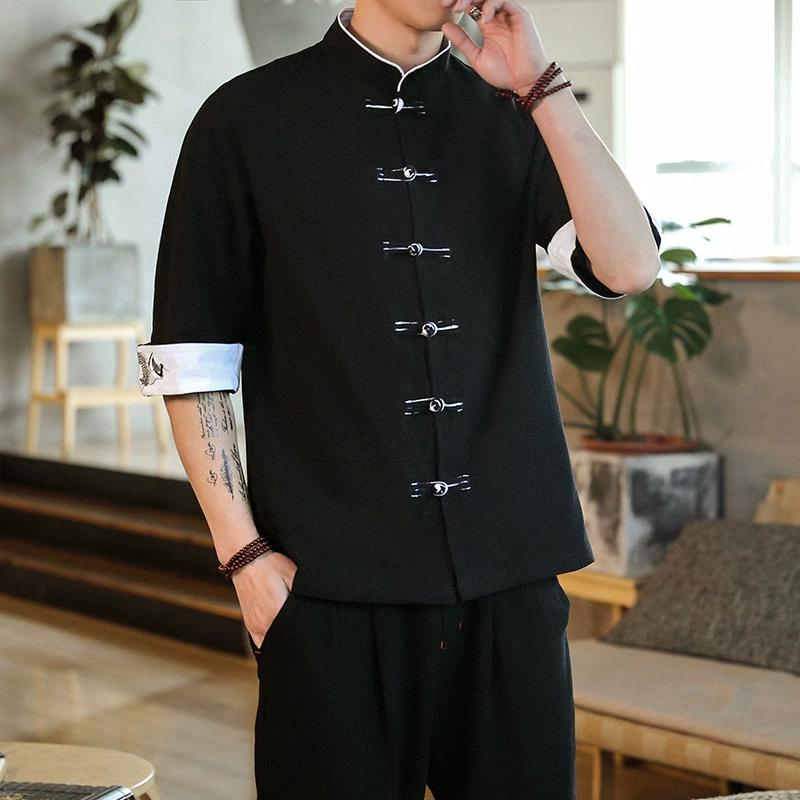 Summer Men's Short Sleeved T-shirt with Chinese Style, Youth Embroidery, Retro Color Blocking, Plate Buckle, Stand Up Collar, Tang Suit