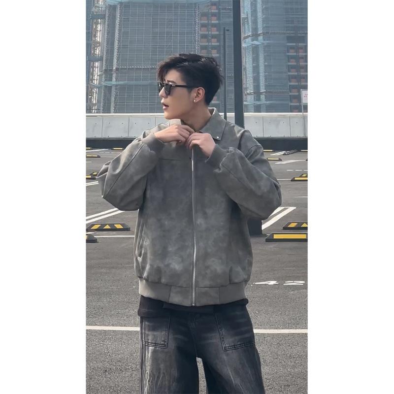 Cleanfit gray short leather jacket American ruffian handsome high-end men's vintage lapel locomotive leather jacket