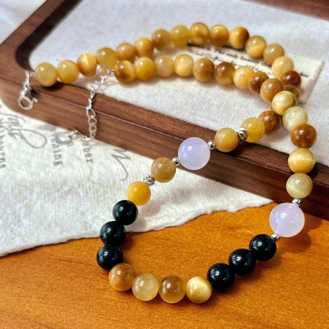 

Vintage Maillard Vintage Natural Tiger S Eye Black Agate White Chalcedony Necklace Ambience Clavicle Chain