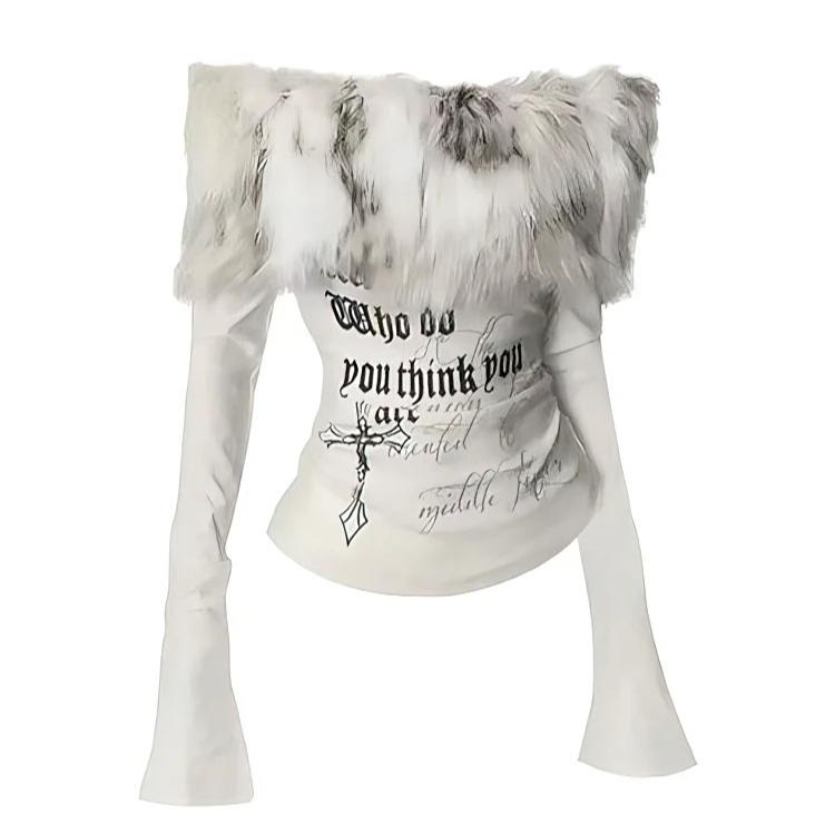Luxury Fur Graphic Long Sleeve T Shirt Y2k Women Autumn Winter Off Shoulder Tops 2000s Vintage Basic Blouse Tees White Shirt