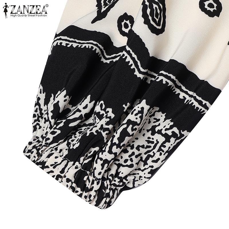 ZANZEA Women Casual Round Neck Long Sleeve Loose Retro Print Dress