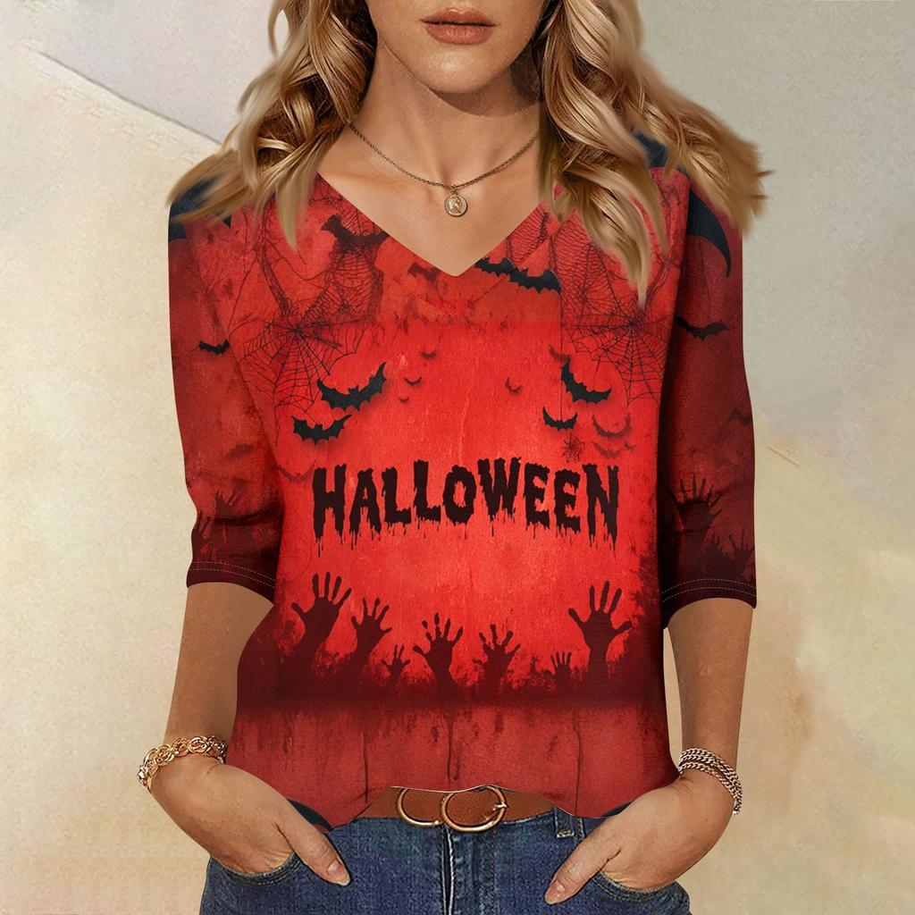 Damenoberteile Dreiviertelarmhemd V-Ausschnitt Lockeres Freizeitshirt Druck T-Shirt