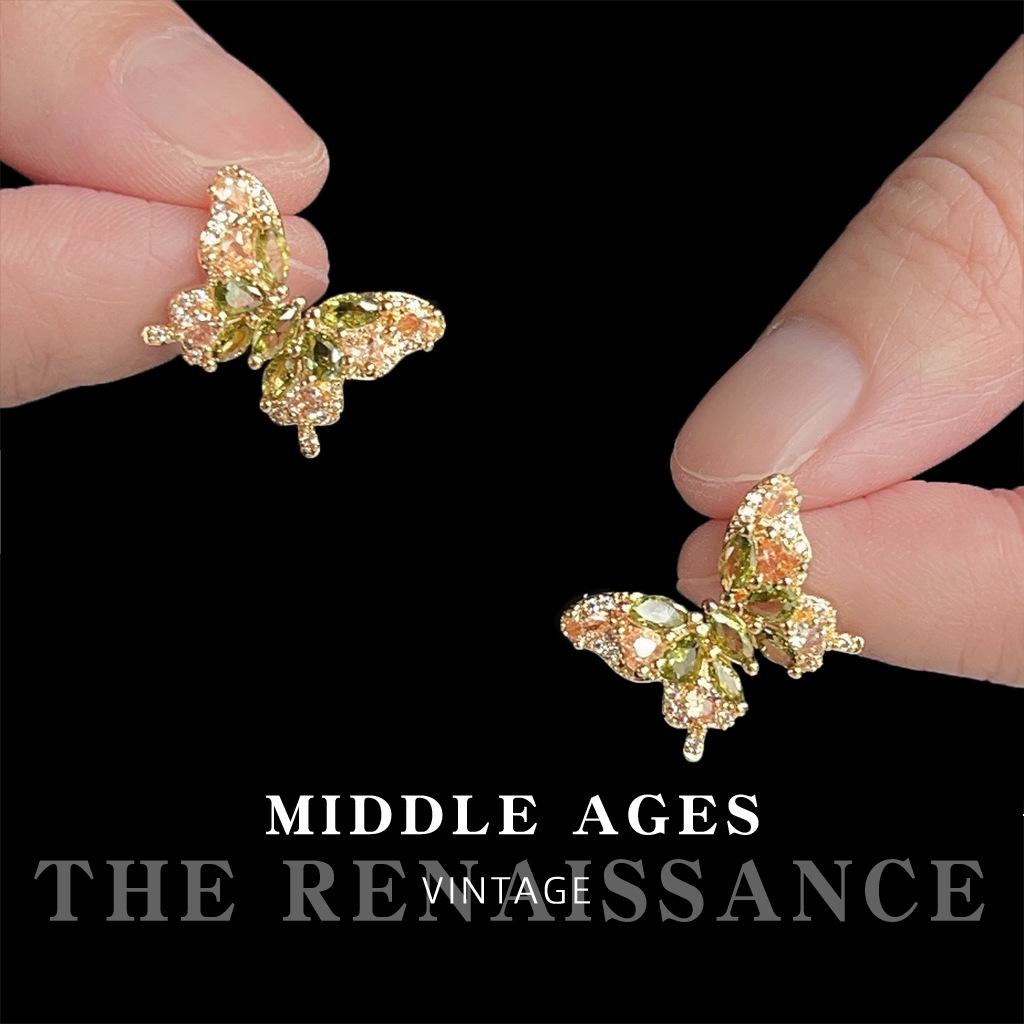 French olive green butterfly with zircon earrings and earrings for women