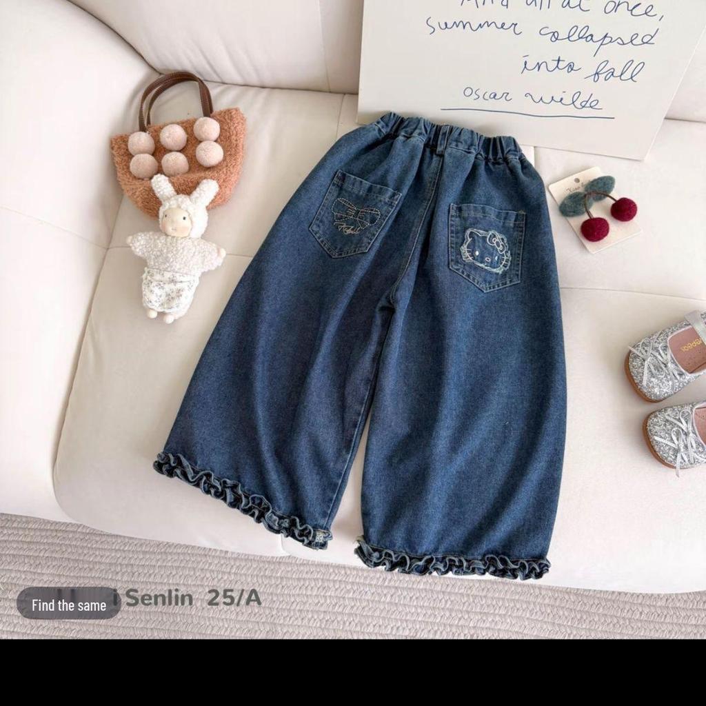 Girls' Lace Hem Embroidered Jeans - Korean Style with Cartoon Design for Spring & Autumn