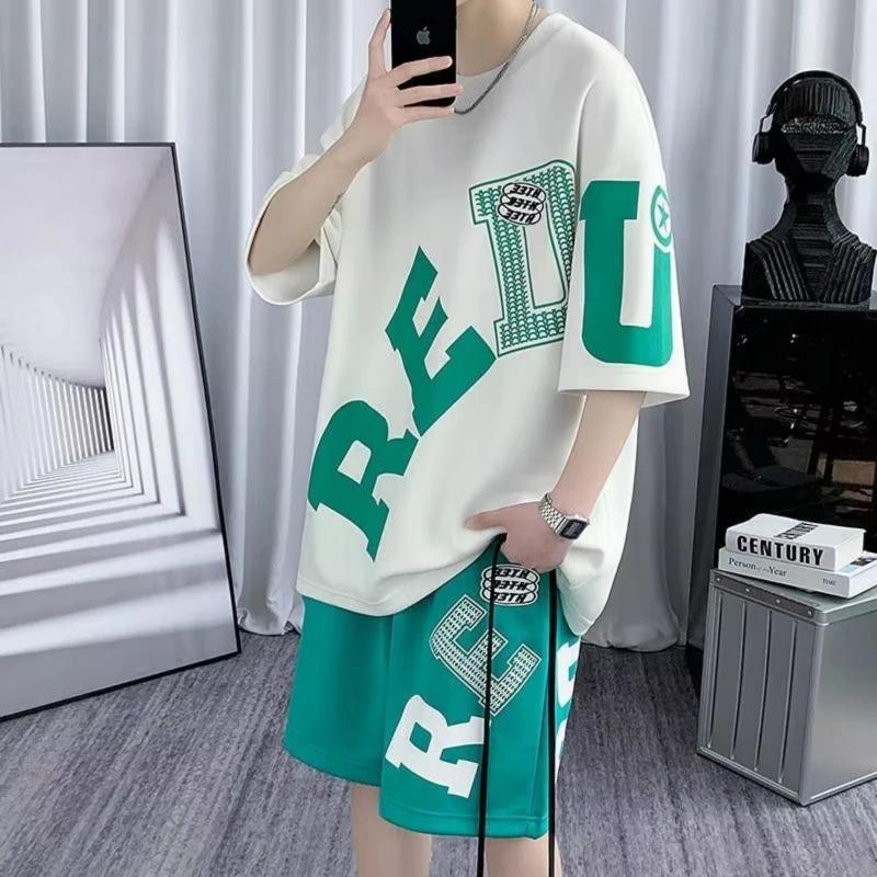 Summer Trendy Men's New Letter Printed Breathable Round Neck T-shirt Drawstring Shorts Set Outdoor Street Style Clothing
