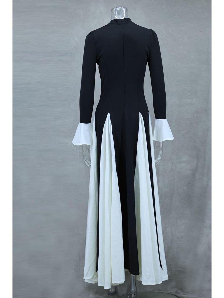 2024 Høst/Vinter Euro-Amerikansk Svart og Hvit Fargeblokk Volang Langermet Svingkjole LX0105