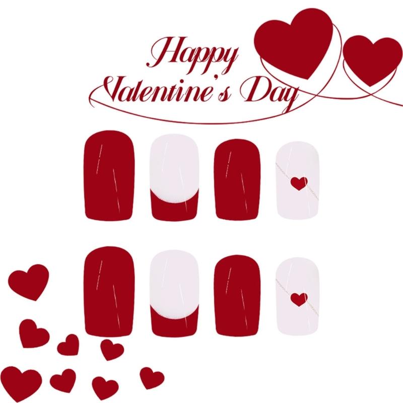 Valentine Press on Nail Square Fake Nail Glossy Design False Nail Full Cover Artificial Acrylic Nail 24pcs 12Sizes