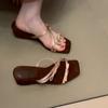 Vintage slope heel cool slippers women's high heel sandals bow square head beach sandals