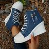 Fashion Women's Platform Wedge Heel High Top Sneakers Blue Denim Casual Canvas Shoes Woman Fashion Thick Sole Lace Up Vulcanized Shoes