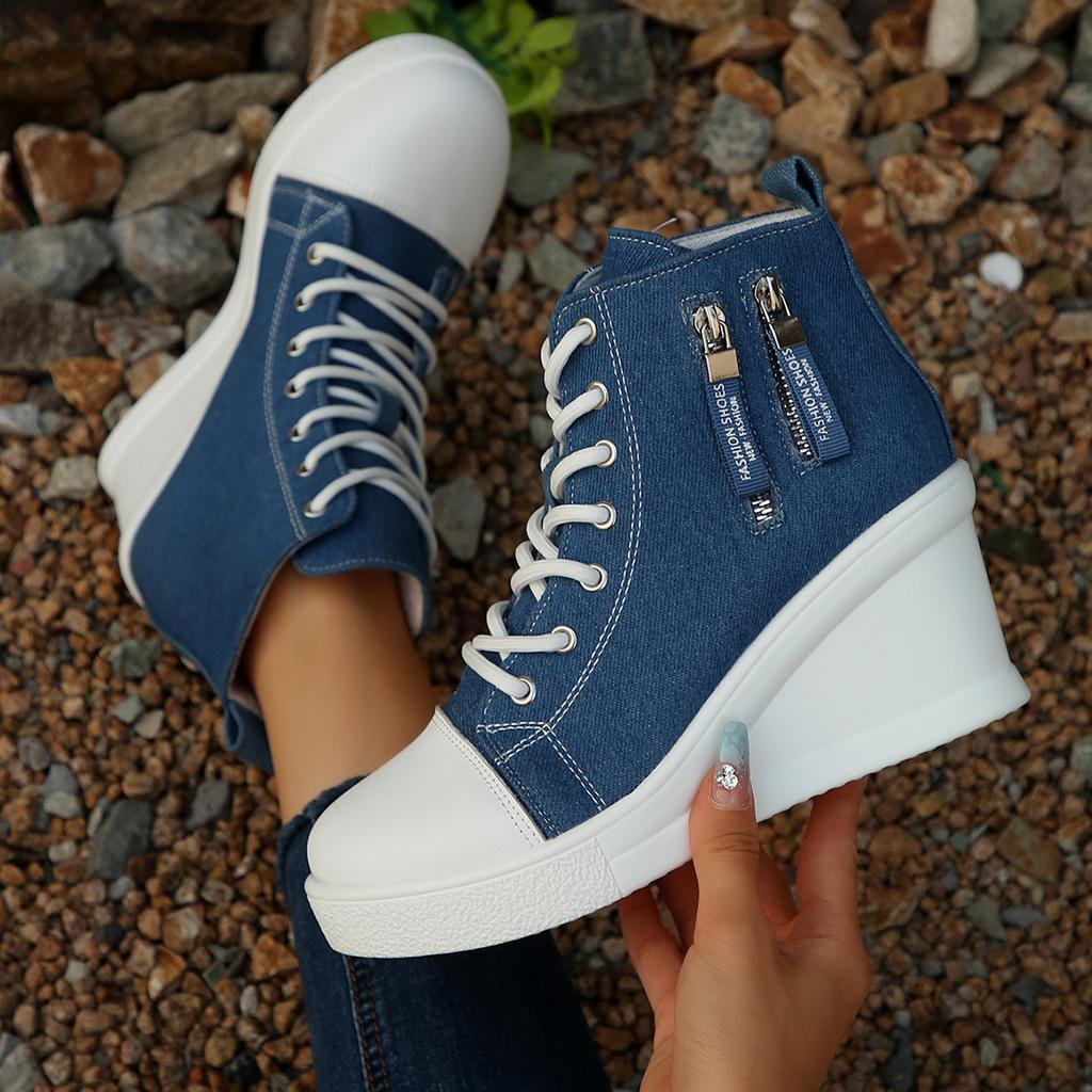 Fashion Women's Platform Wedge Heel High Top Sneakers Blue Denim Casual Canvas Shoes Woman Fashion Thick Sole Lace Up Vulcanized Shoes