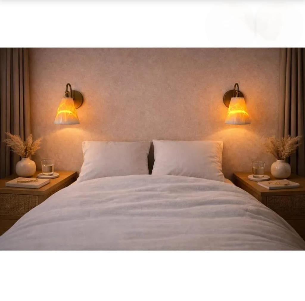 Mid Century Modern Vintage Brass Wall Sconce Alabaster Stone Glass Light Bedside & Bedroom Wall Lamp Luxury Handmade Home Decor Lighting