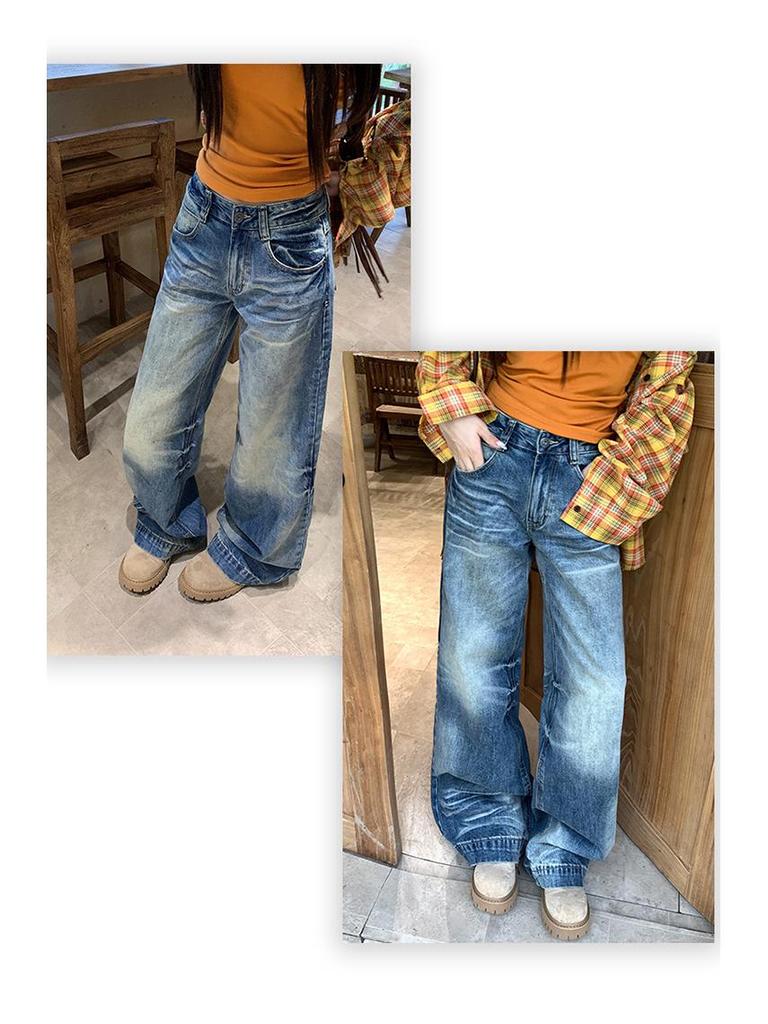 Women's Distressed Gradient Loose Wide-Leg Floor-Length Jeans 2025 Trend
