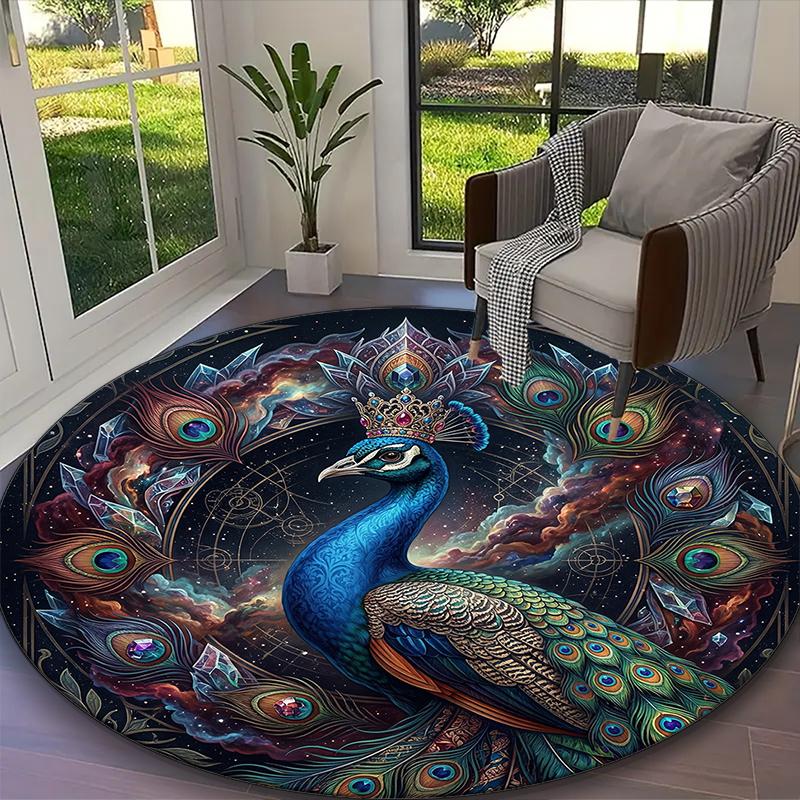 1pc Ornate Peacock Radiance Printed Chair Rug for Home Office Use, Living Room Kitchen Game Room Round Carpet