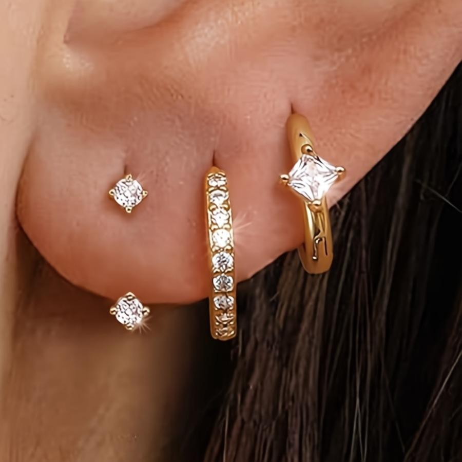 6pcs Minimalist Niche Design Golden Earring Set with Synthetic Synthetic Zirconia, Small Earring Set Suitable for Multiple Piercings