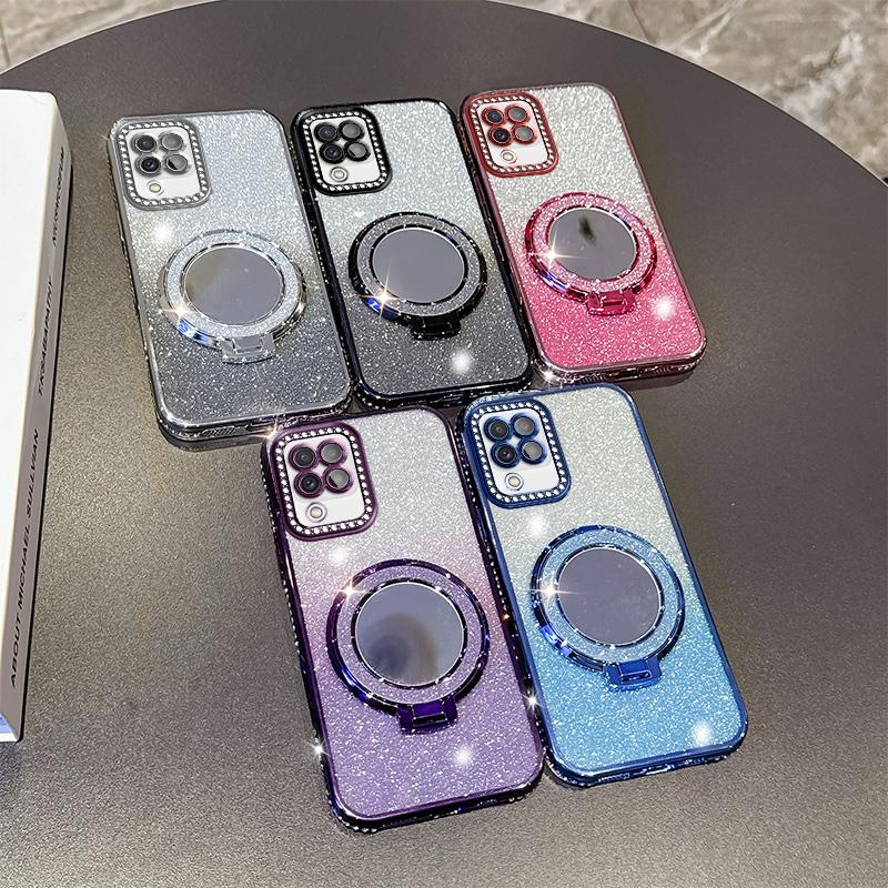 KEYSION Luxury Glitter Jewelled Magnetic Phone Case for Samsung Galaxy A22 A22S 5G A12 M12 Makeup Mirror Stand Shockproof Cover