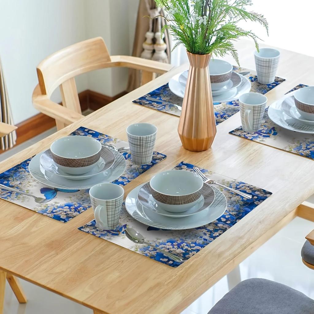 1PC Pack Blue Butterfly And White Flowers Placemats, 30x45CM Linen Rectangular Table Mats, Machine Washable Woven Dining