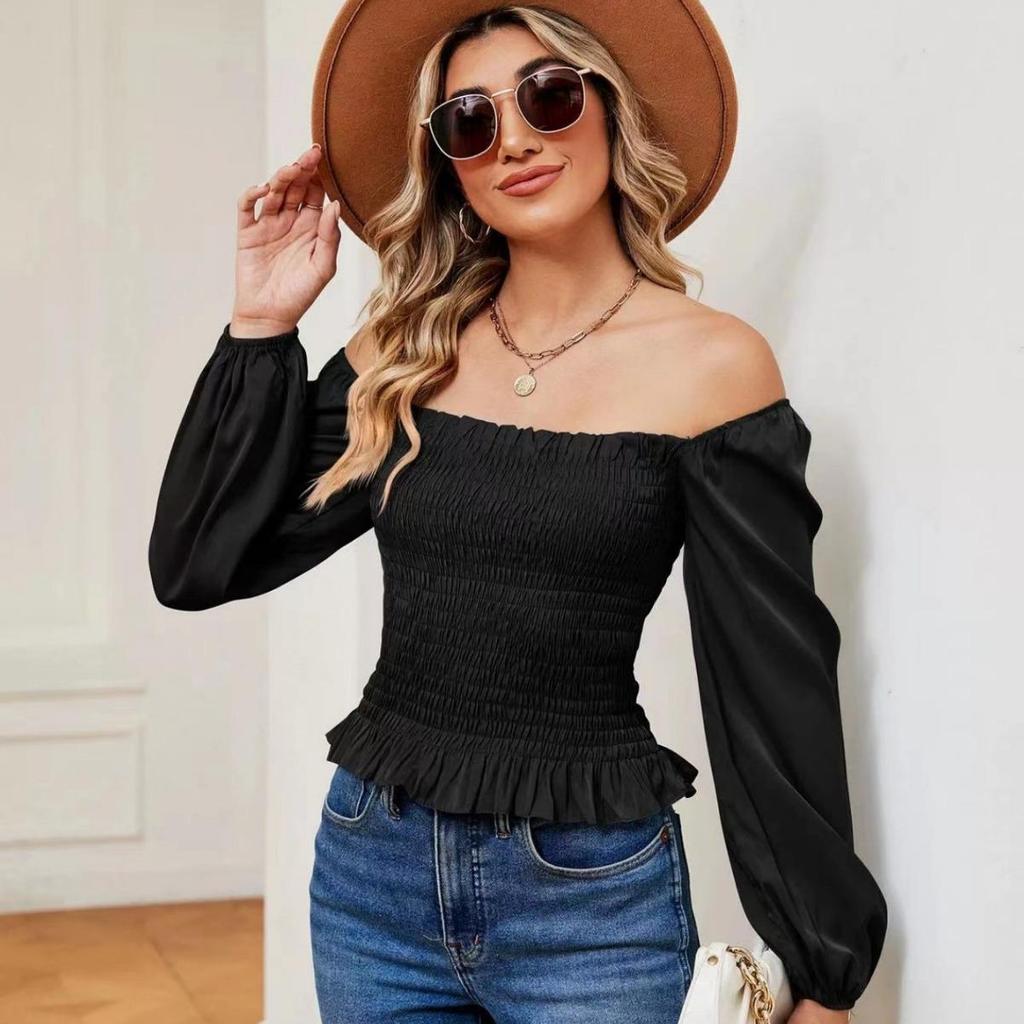 2024 European & American Spring/Summer Off-Shoulder Ruffle Smocked Long Sleeve Slimming Top for Women