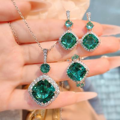 Simulation Royal Sapphire Pendant Bird'S Nest Fat Square Color Treasure Earrings Paraiba Ring Green Diamond Set Women