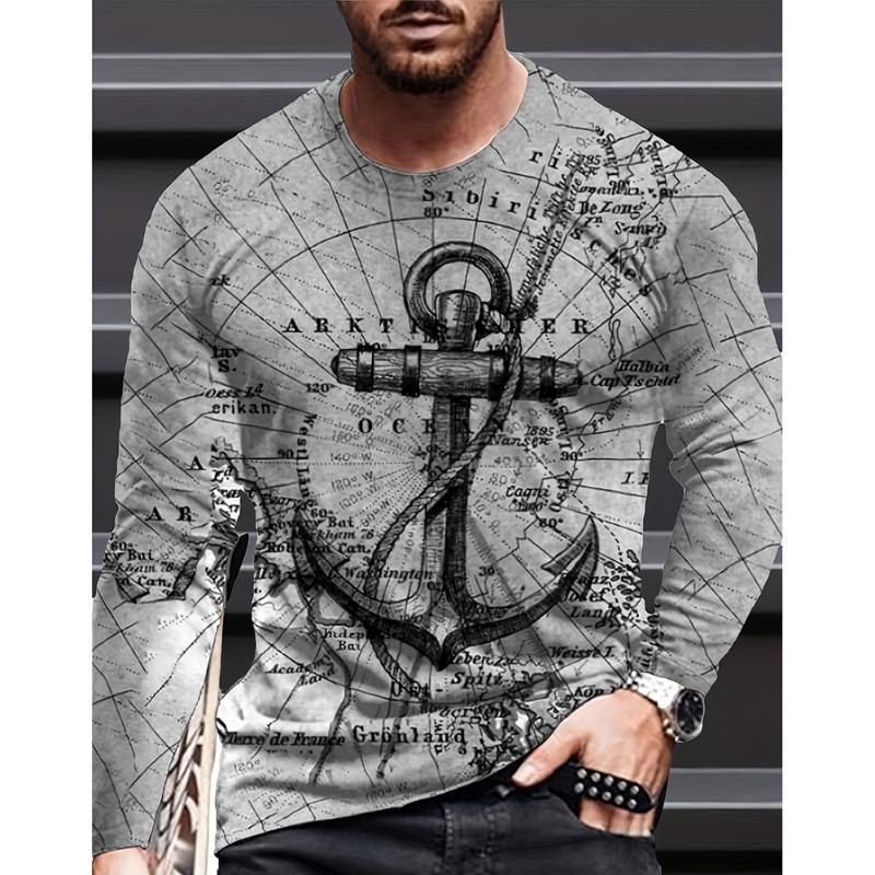 Vintage Herren Langarm T-Shirt Mode Kreuzmuster Langarm 3D Kleidung Seekarte Print Street Harajuku Übergroß