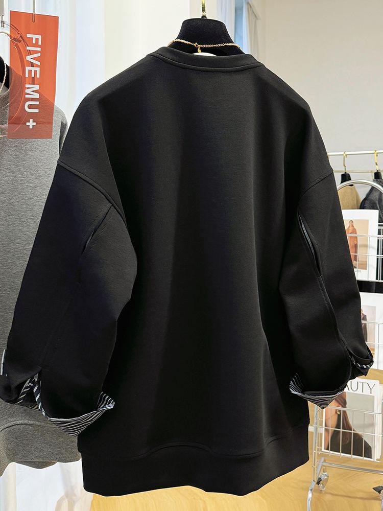 Damen Chic Samt Patchwork Zweiteiliger Look Sweatshirt: Gemütliches, Entspanntes Herbst-/Winter-Oberteil mit Rundhalsausschnitt