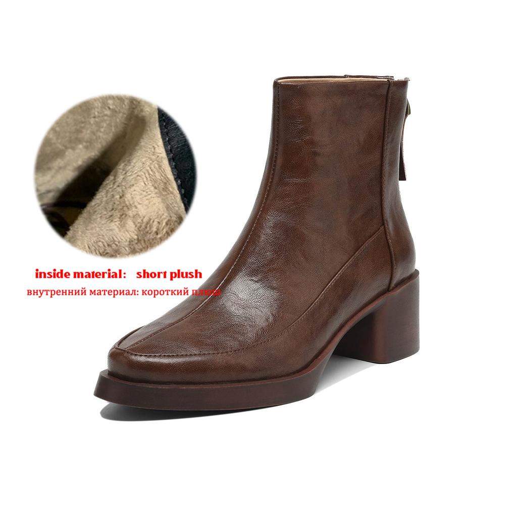 Krazing Pot Cow Skin Winter Round Toe Chunky Heels Motorcycle Boots Size 43 Zipper Women Platform Ankle Boots