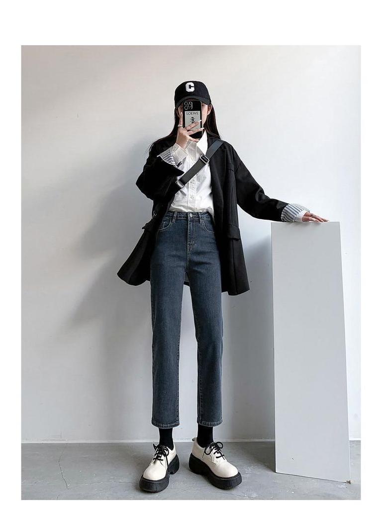 2025 Women's High-Waisted Straight-Leg Jeans, Versatile Korean Style, Loose & Slimming Nine-Point Fit for Spring & Fall