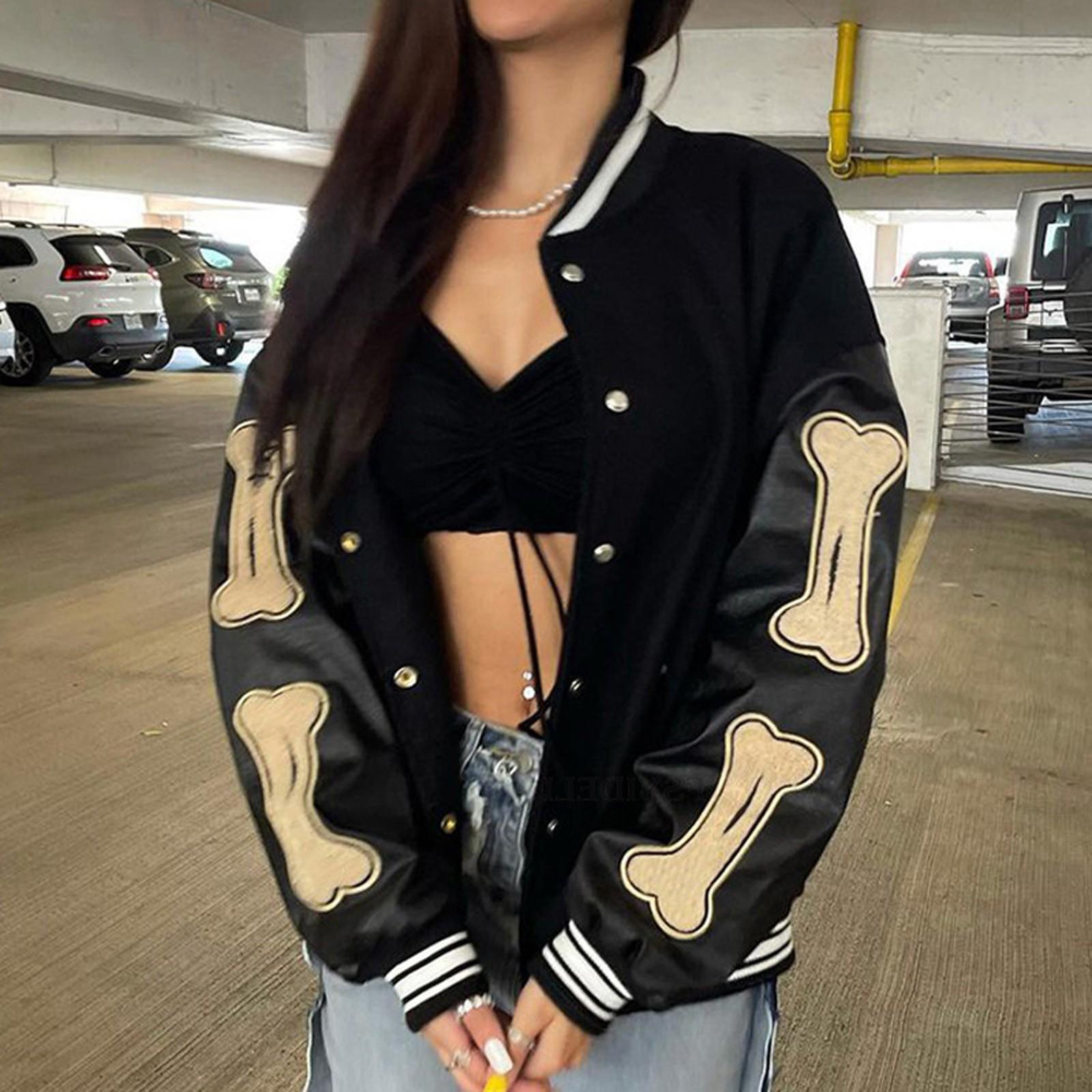 

Women s Vintage Varsit Jacket Long Sleeve Oversized Coats Letter Print Baseball Jacket Streetwear L чорний