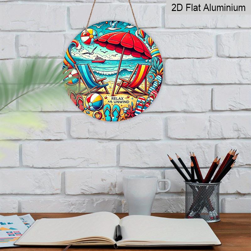 2D Flat, 1pc Round Aluminum Hanging Sign-"Relax And Unwind" Vibrant Beach Scene Metal Wall Art, Colorful Summer Umbrella & Lounge Chair Design