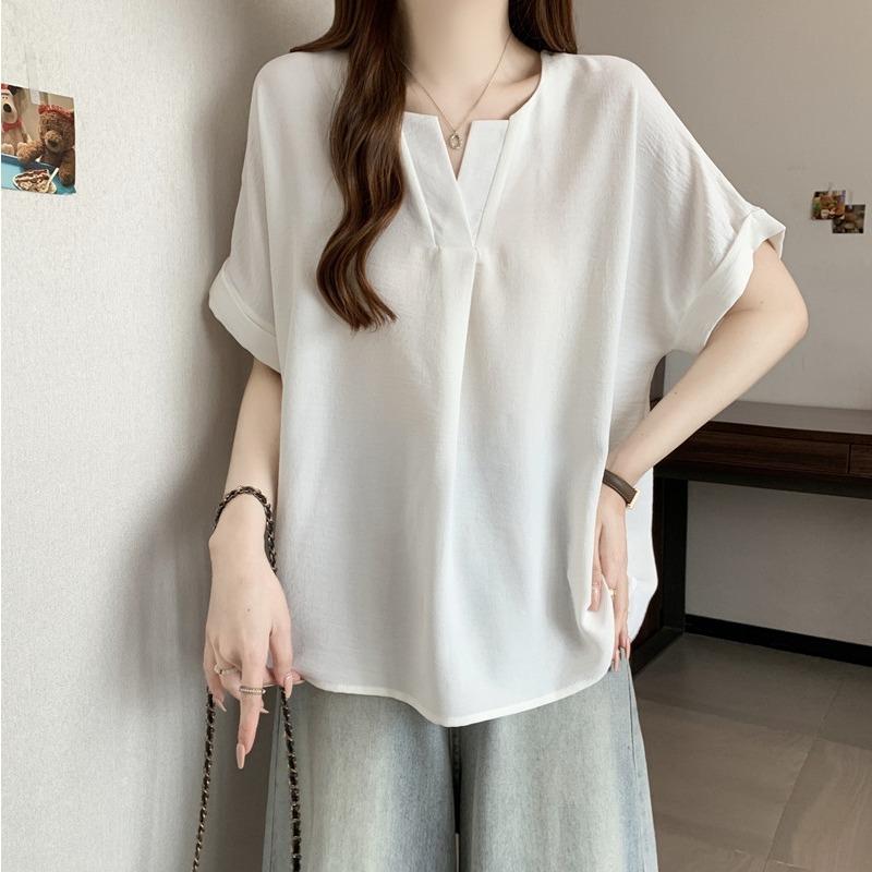 Women Casual V Neck Short Sleeve Loose Fit Solid Color Blouse