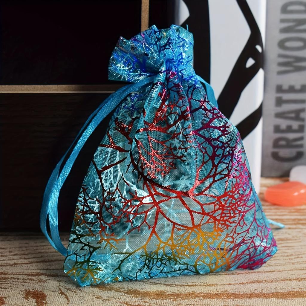 50pcs Elegant Jewelry Gift Bags Closure Golden Floral Design Mesh Pouches Candy Party Favors Organza Gift Bags with Drawstring