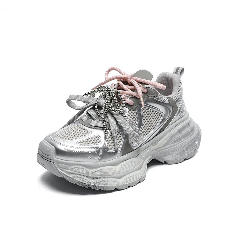 

Pearl shoelaces dad shoes women s spring leather mesh breathable lightweight fashion color matching platform sneakers 35 серебряный