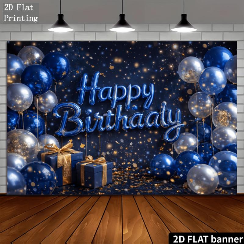 2DA 2D plane birthday party banner background featuring a theme of navy blue silver and gold balloonszyc