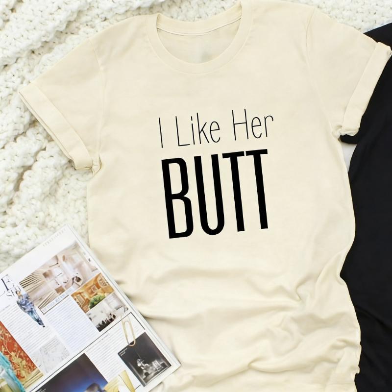 Ihr Hintern Ich mag seinen Bart Lustiger Einfacher Buchstabendruck T-Shirt Oberteile Valentinstagsgeschenk für Paare Niedlich Passend Normal Kurzarm