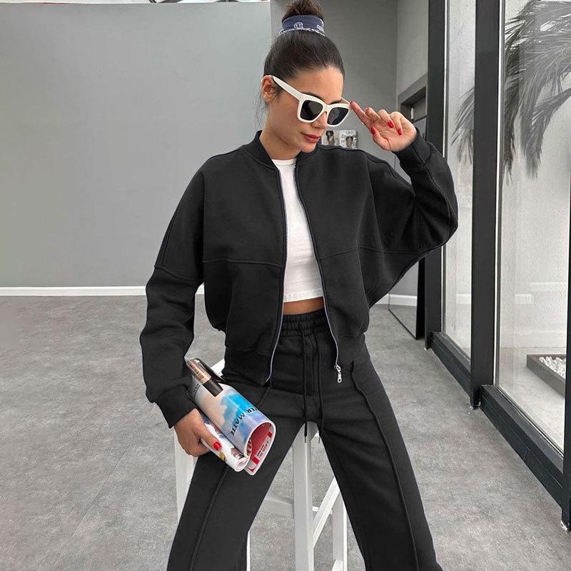 Autumn/Winter Women's Fleece-Lined Zipper Cardigan & Solid Color Straight-Leg Pants Set