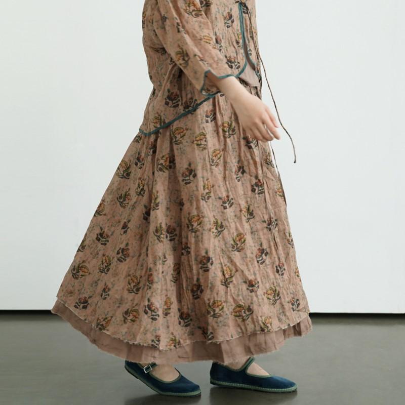 Johnature Women Vintage Print Floral Skirts Elastic Waist Loose High Quality Cloths Summer Loose A-Line Skirts