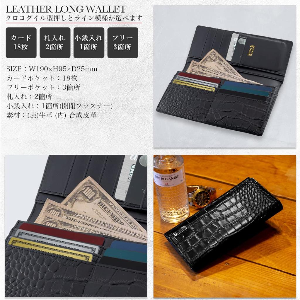 [Daniel & Douglas] Long Wallet, Brand Leather Long Wallet, Black, Men's (Crocodile x Gold)