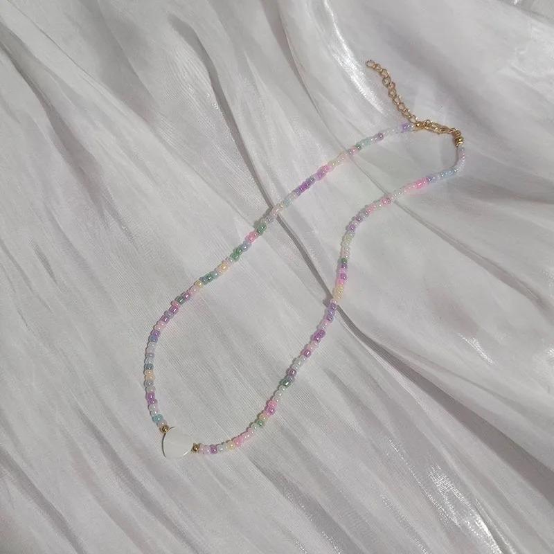 New Nature Shell Love Heart Choker Necklace For Girl Spring Summer Fashion Small Colorful Glass Beads Necklace Gift For Friend