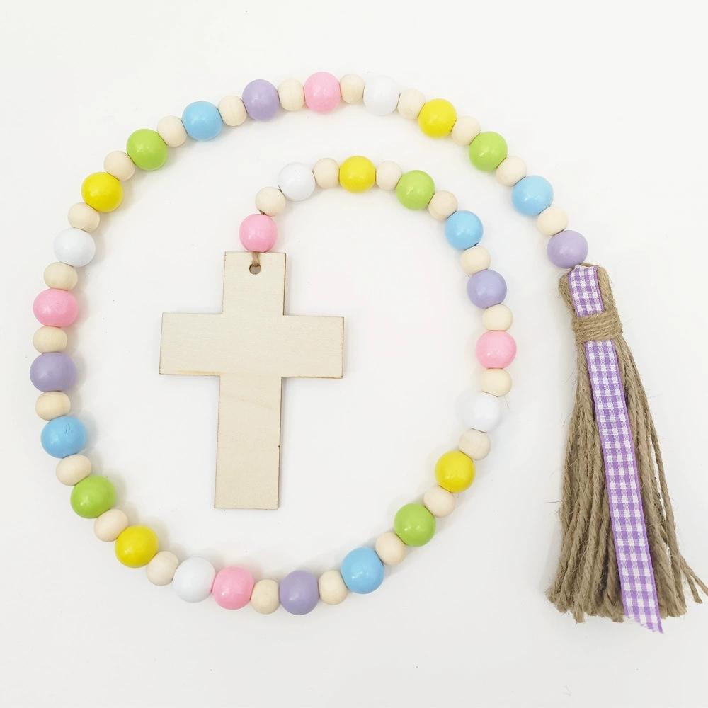 Easter Wooden Beaded Garland with Tassels and Cross Pendant Lightweight Linen Rope String Decoration for Wall Door Shelf