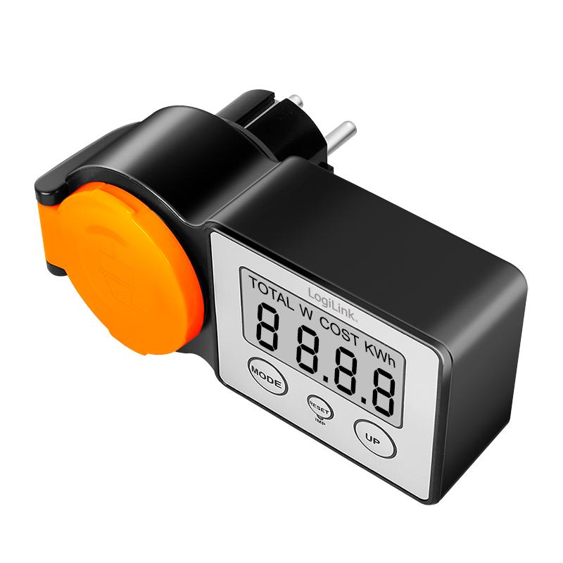 LogiLink IP44 LCD 3600 W CEE 7/3 + 7/7 Outdoor Socket with Energy Meter Black
