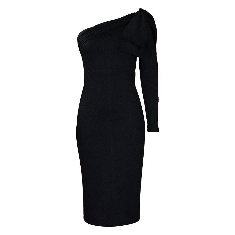 

Women s clothing autumn and winter new fashion temperament slim slanted shoulder sexy dress XXXL чорний
