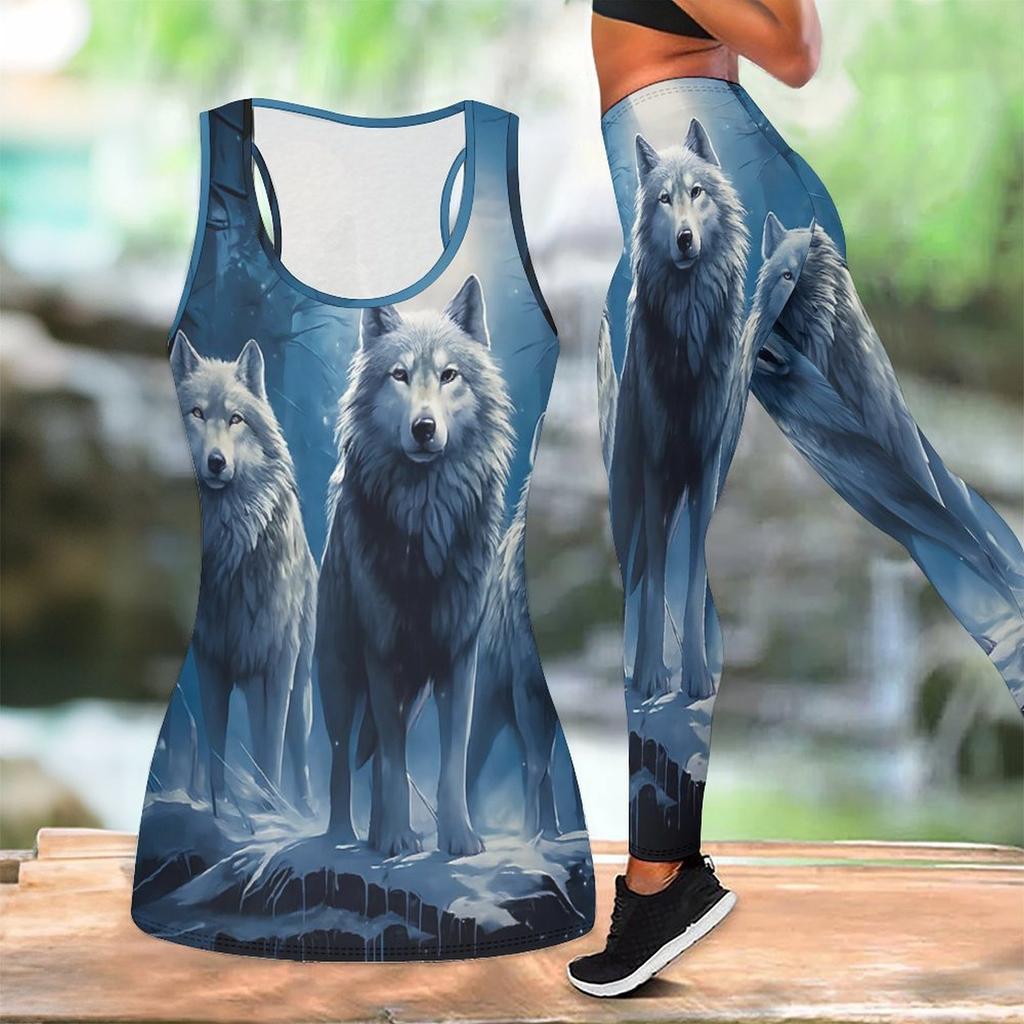 Strong Wolf  Pattern Print Yoga Outfit for Women Fashion Workout Leggings Fitness Sports Casual Yoga Set Sports Suit